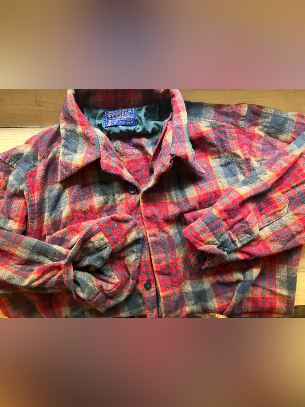 Vintage Pendleton Red Gray Tan Plaid Wool Flannel Shirt - Picture 6 of 16